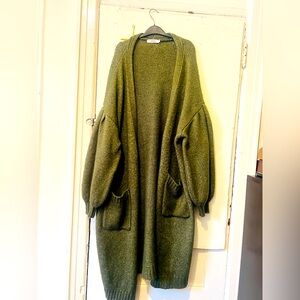 JustFab Cozy Maxi Cardigan in Military Olive Green